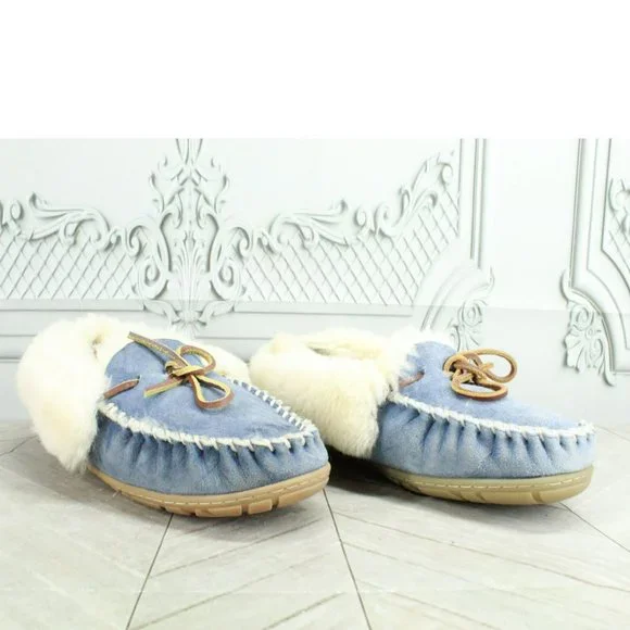 LL Bean Blue Suede Wicked Good Shearling Lined Moccasin Slippers Size 8 M - Picture 3 of 9